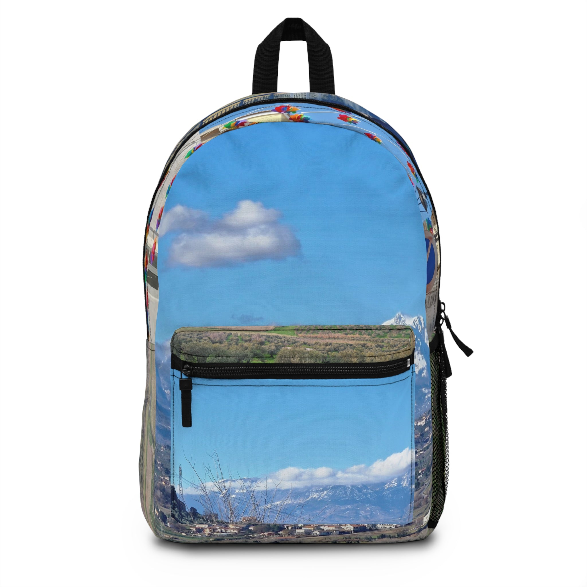Skyline Prayer Flags Backpack — Mountain View Travel Backpack- Moscufo belvedere