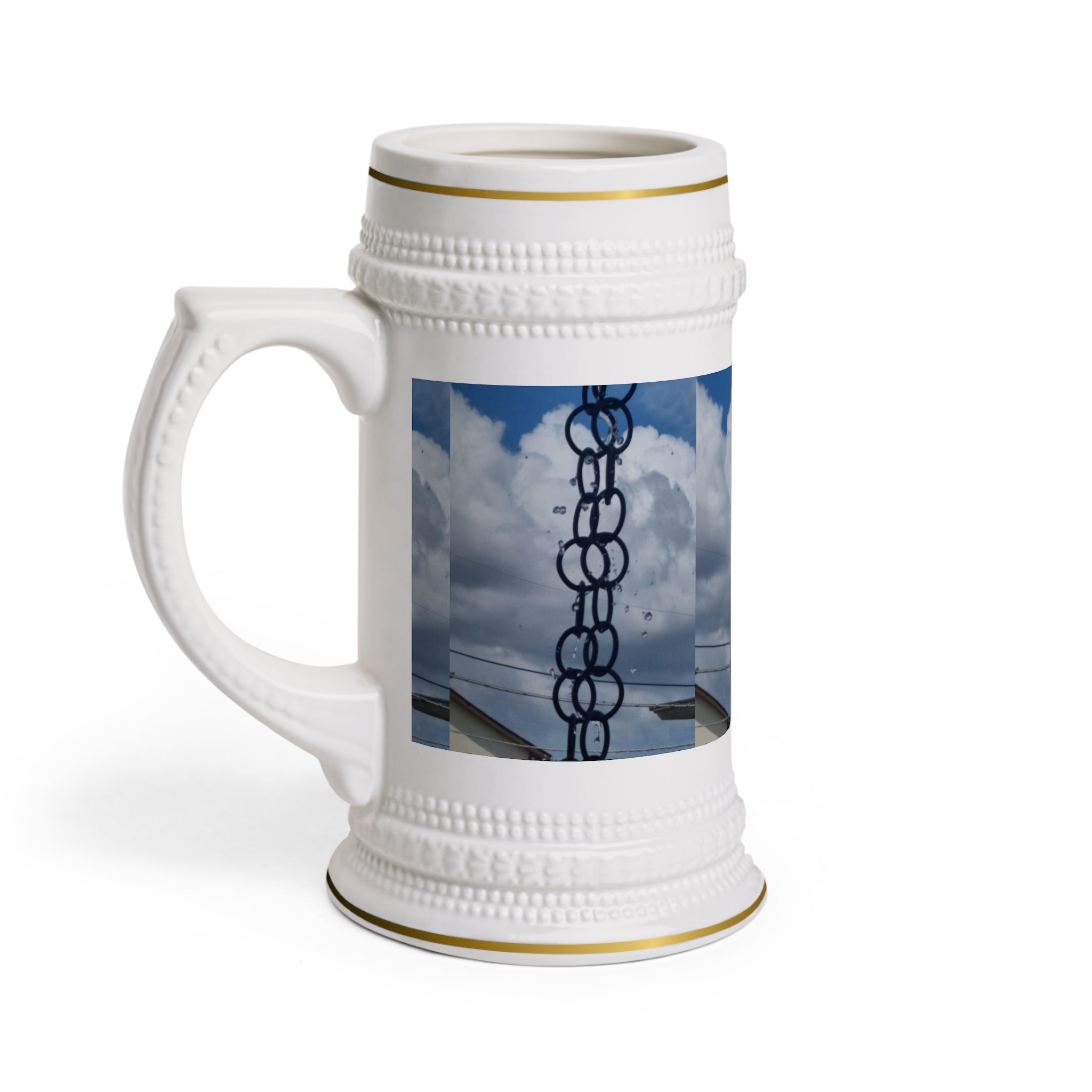 Ceramic Beer Stein with Chain & Cloud Sky Photo Wrap