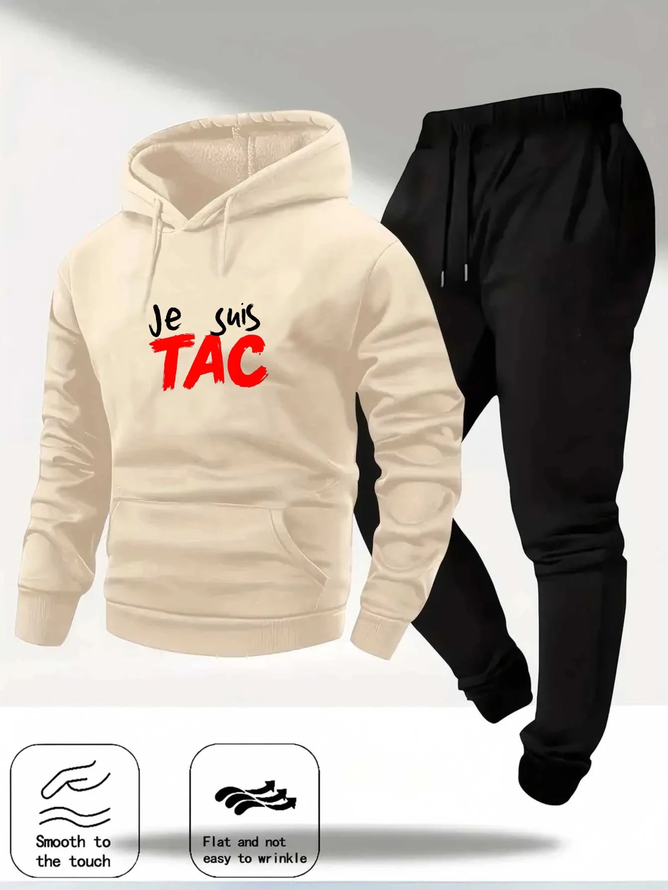 Hoodie Set Cream Color Inutile de Répéter Printed French Quote Sweatshirt & Black Joggers Casual Sportswear for Men Women