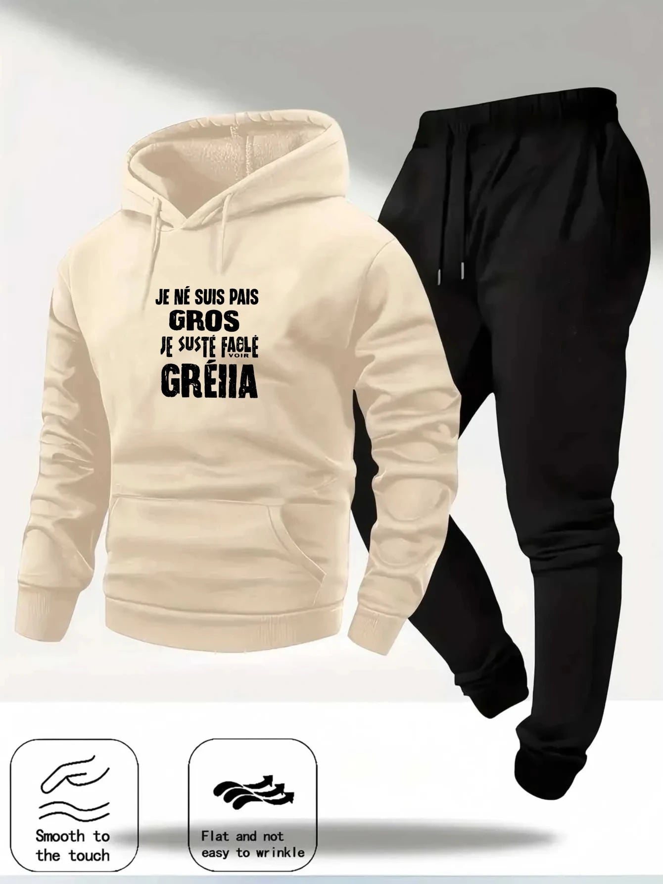 Hoodie Set Cream Color Inutile de Répéter Printed French Quote Sweatshirt & Black Joggers Casual Sportswear for Men Women