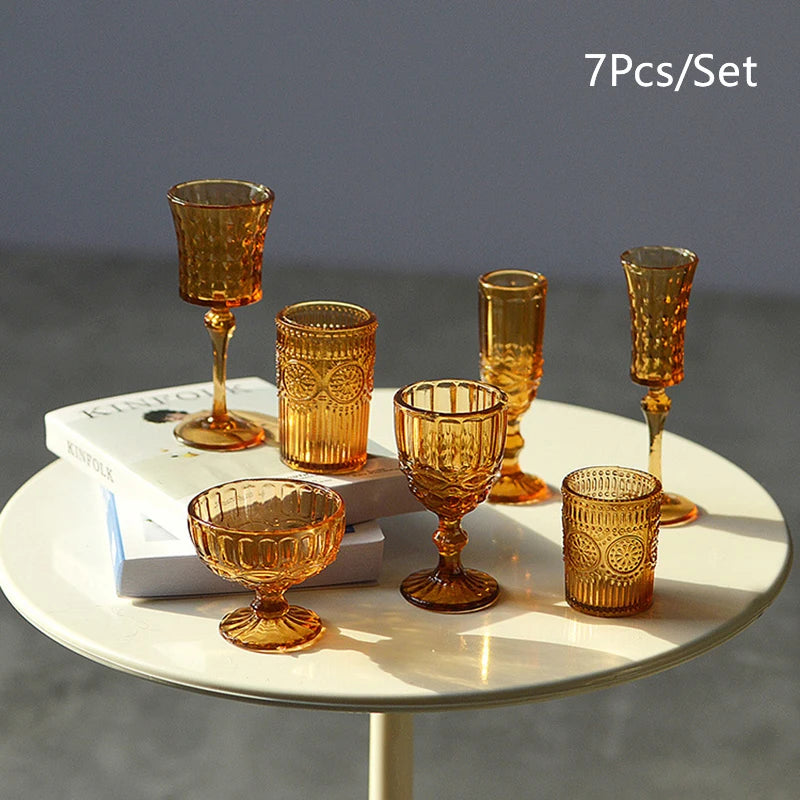 7Pcs/Set 1:6 Miniature Water Cup Carved Wine Glass Champagne Glass Model Kitchen Furniture DollHouse Accessories Pretend Toys