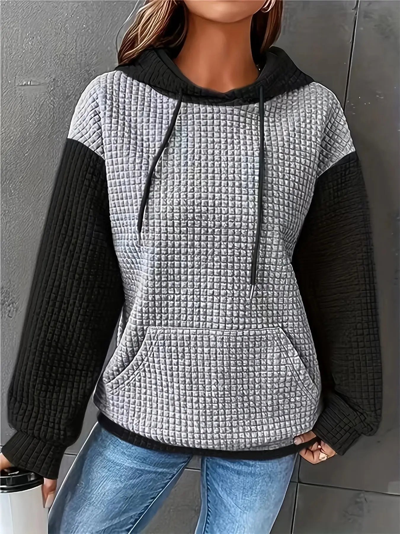 New Felpa Donna Loose And Versatile Color-blocked Plaid Sports Long-sleeved Hooded Sweatshirt Felpe Con Cappuccio Roupa Feminina