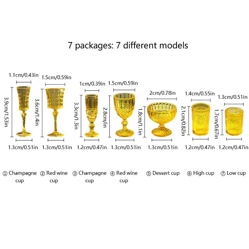 7Pcs/Set 1:6 Miniature Water Cup Carved Wine Glass Champagne Glass Model Kitchen Furniture DollHouse Accessories Pretend Toys