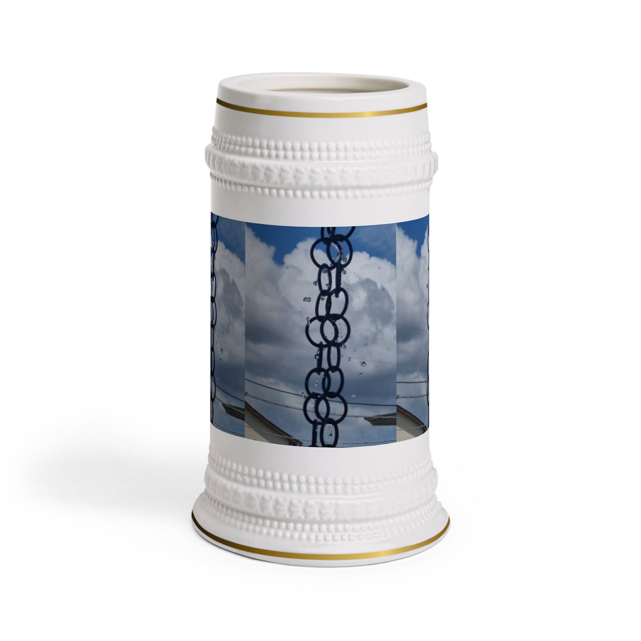 Ceramic Beer Stein with Chain & Cloud Sky Photo Wrap
