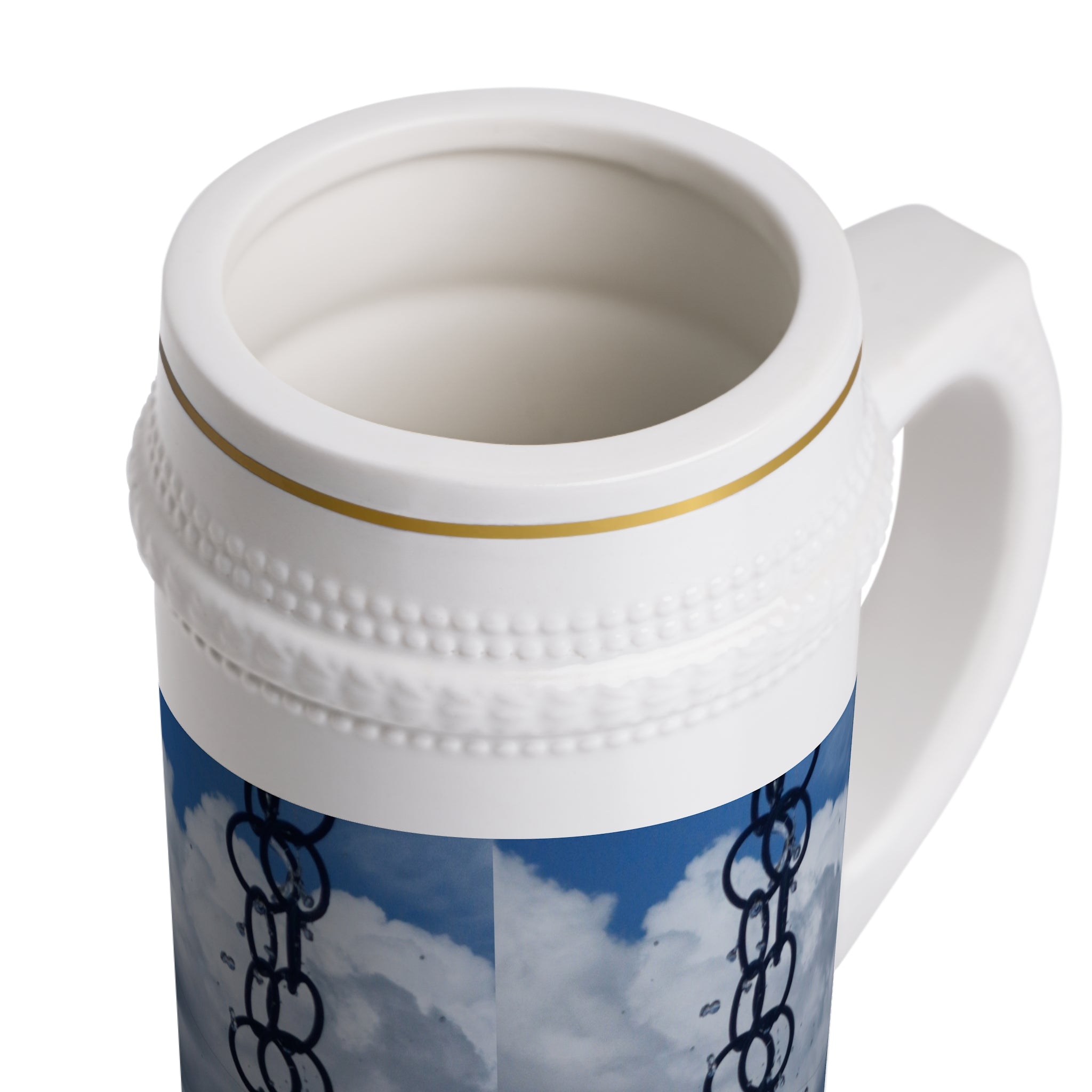 Ceramic Beer Stein with Chain & Cloud Sky Photo Wrap
