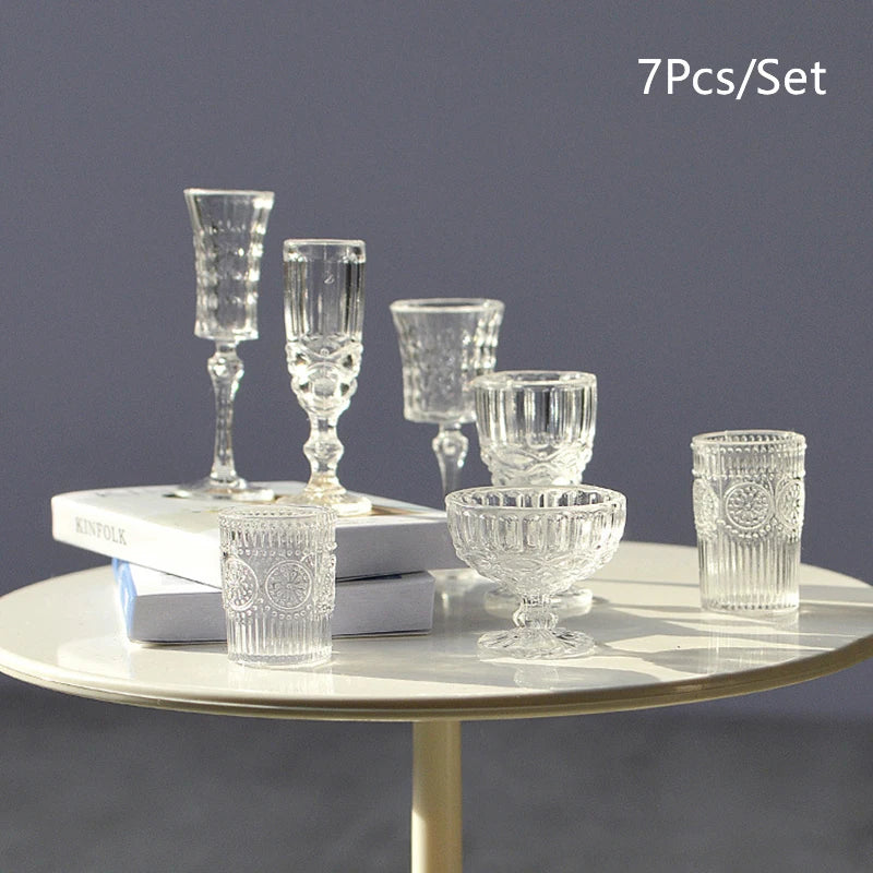 7Pcs/Set 1:6 Miniature Water Cup Carved Wine Glass Champagne Glass Model Kitchen Furniture DollHouse Accessories Pretend Toys