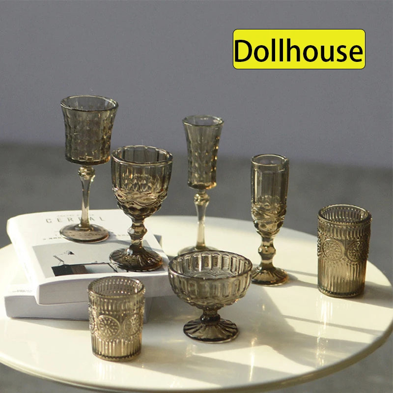 7Pcs/Set 1:6 Miniature Water Cup Carved Wine Glass Champagne Glass Model Kitchen Furniture DollHouse Accessories Pretend Toys