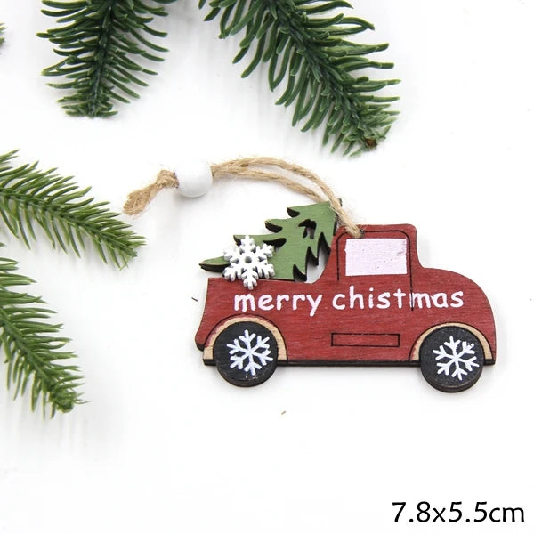 2PCS Vintage Printed Wooden Deer/Tree/Car Christmas Pendants Ornaments DIY Wood Crafts Kids Gift Christmas Tree Ornaments Decor