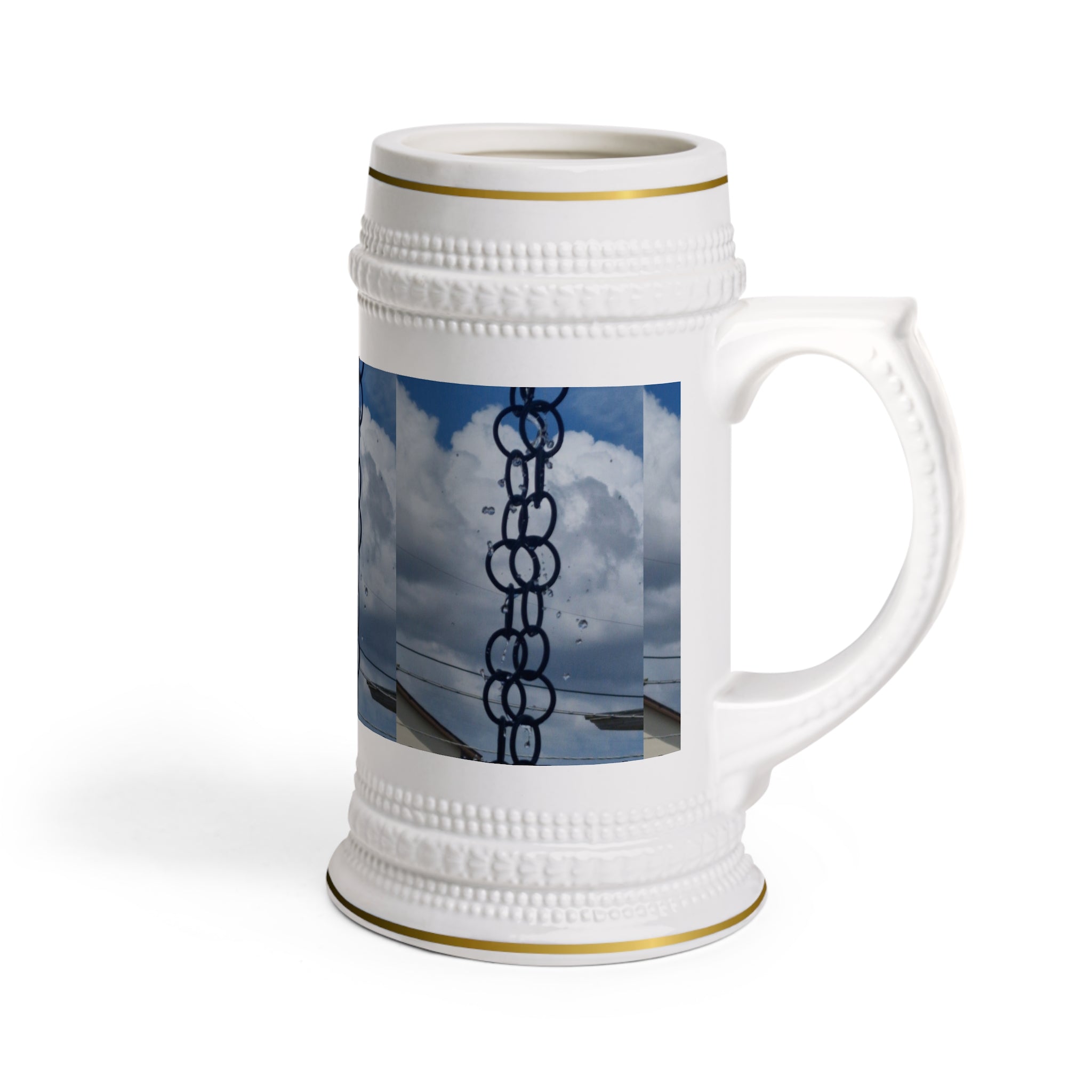 Ceramic Beer Stein with Chain & Cloud Sky Photo Wrap