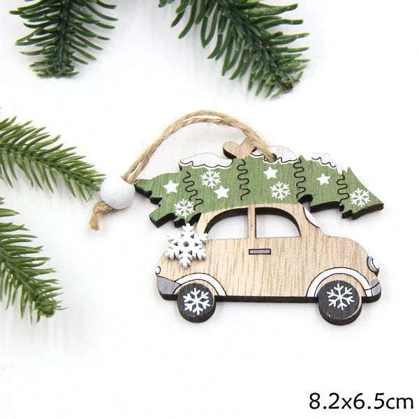2PCS Vintage Printed Wooden Deer/Tree/Car Christmas Pendants Ornaments DIY Wood Crafts Kids Gift Christmas Tree Ornaments Decor