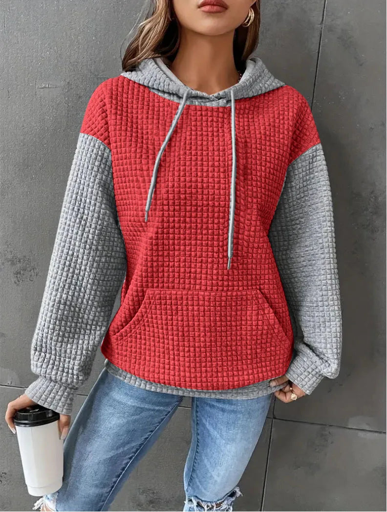 New Felpa Donna Loose And Versatile Color-blocked Plaid Sports Long-sleeved Hooded Sweatshirt Felpe Con Cappuccio Roupa Feminina