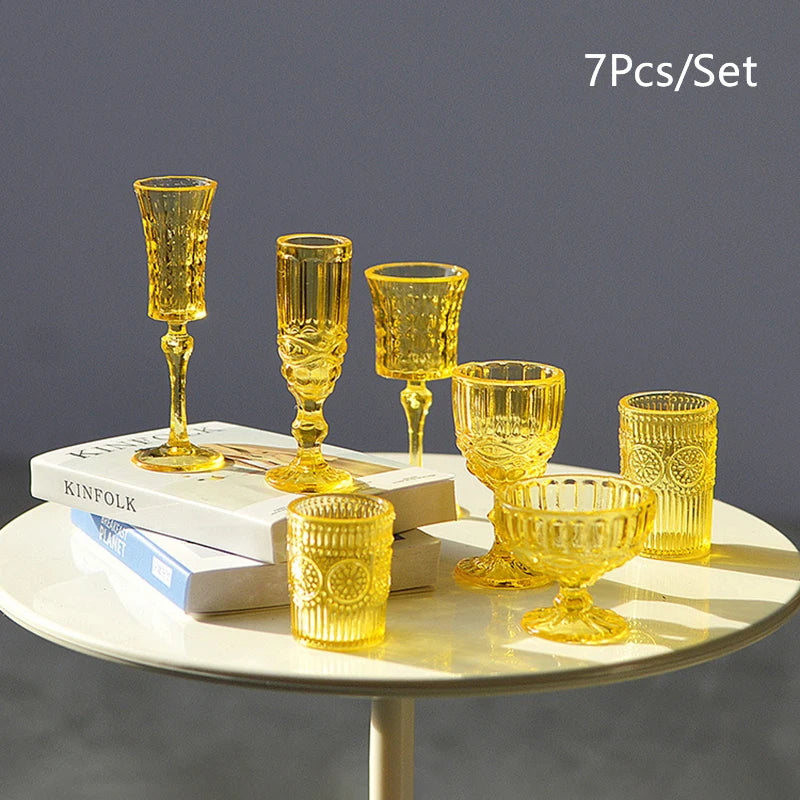 7Pcs/Set 1:6 Miniature Water Cup Carved Wine Glass Champagne Glass Model Kitchen Furniture DollHouse Accessories Pretend Toys