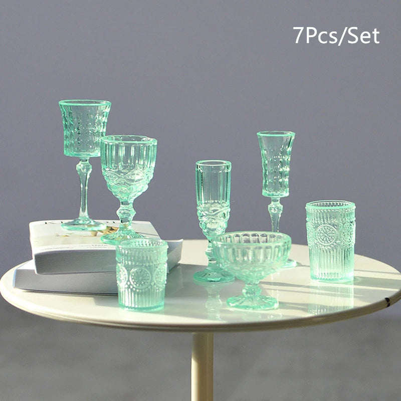 7Pcs/Set 1:6 Miniature Water Cup Carved Wine Glass Champagne Glass Model Kitchen Furniture DollHouse Accessories Pretend Toys