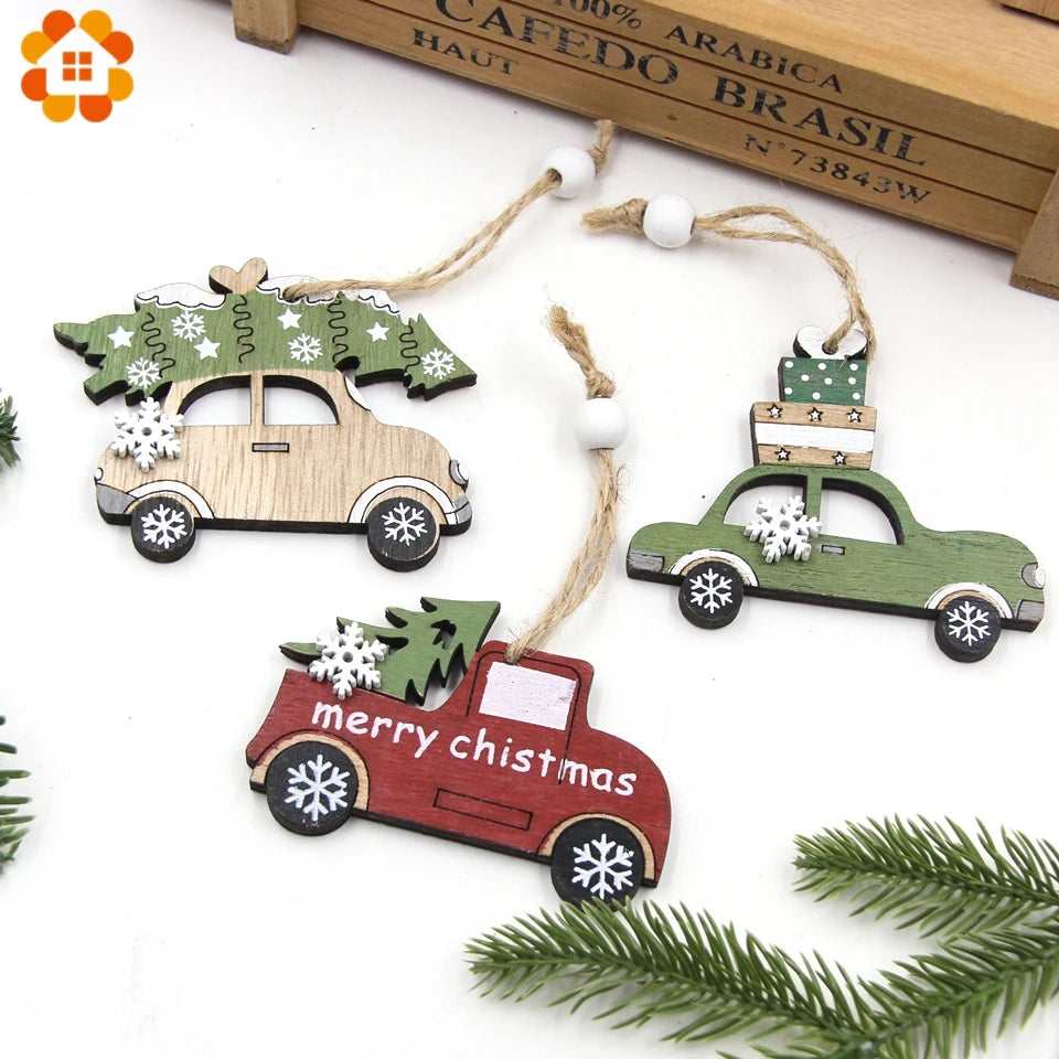 2PCS Vintage Printed Wooden Deer/Tree/Car Christmas Pendants Ornaments DIY Wood Crafts Kids Gift Christmas Tree Ornaments Decor