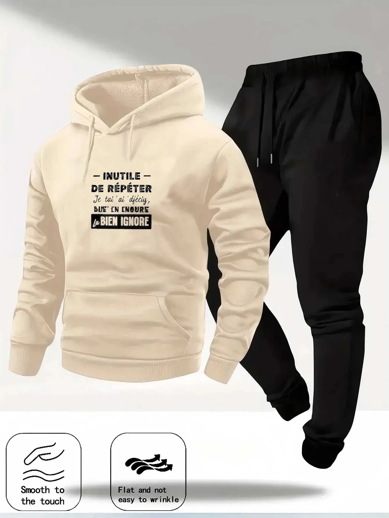 Hoodie Set Cream Color Inutile de Répéter Printed French Quote Sweatshirt & Black Joggers Casual Sportswear for Men Women