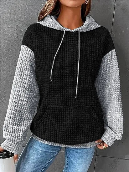 New Felpa Donna Loose And Versatile Color-blocked Plaid Sports Long-sleeved Hooded Sweatshirt Felpe Con Cappuccio Roupa Feminina