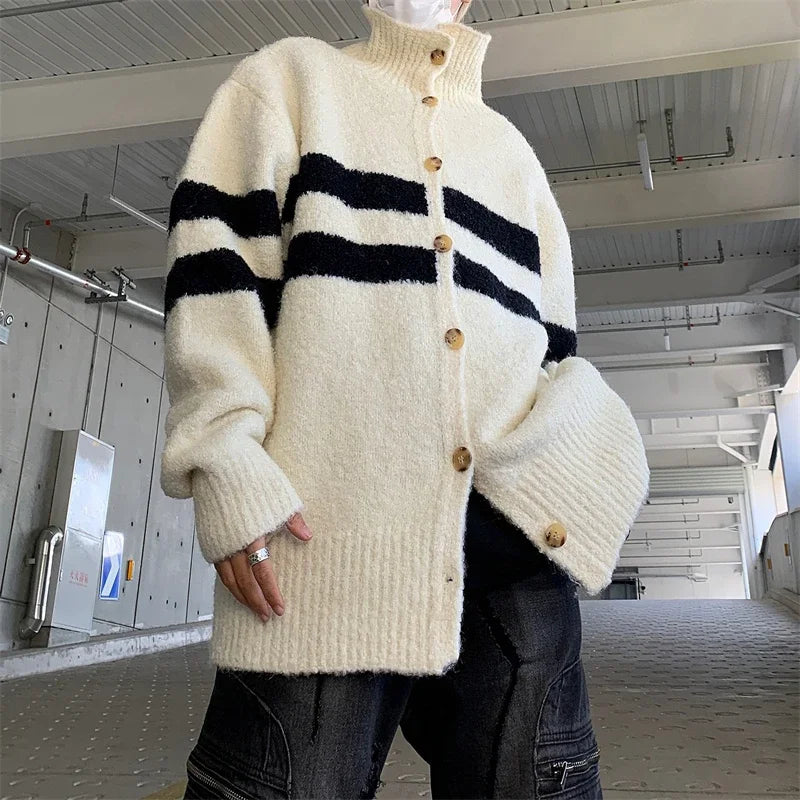 Autumn Winter New Turtleneck Sweater for Men Color Block Cardigans Korean Loose Fit Trendy Simple Versatile Pullover Knitted Top