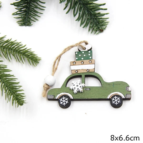 2PCS Vintage Printed Wooden Deer/Tree/Car Christmas Pendants Ornaments DIY Wood Crafts Kids Gift Christmas Tree Ornaments Decor