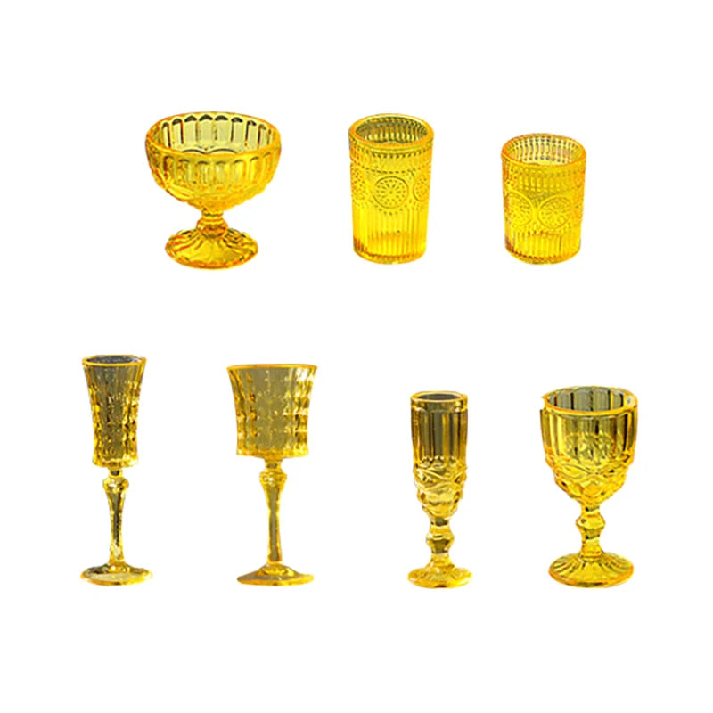 7Pcs/Set 1:6 Miniature Water Cup Carved Wine Glass Champagne Glass Model Kitchen Furniture DollHouse Accessories Pretend Toys