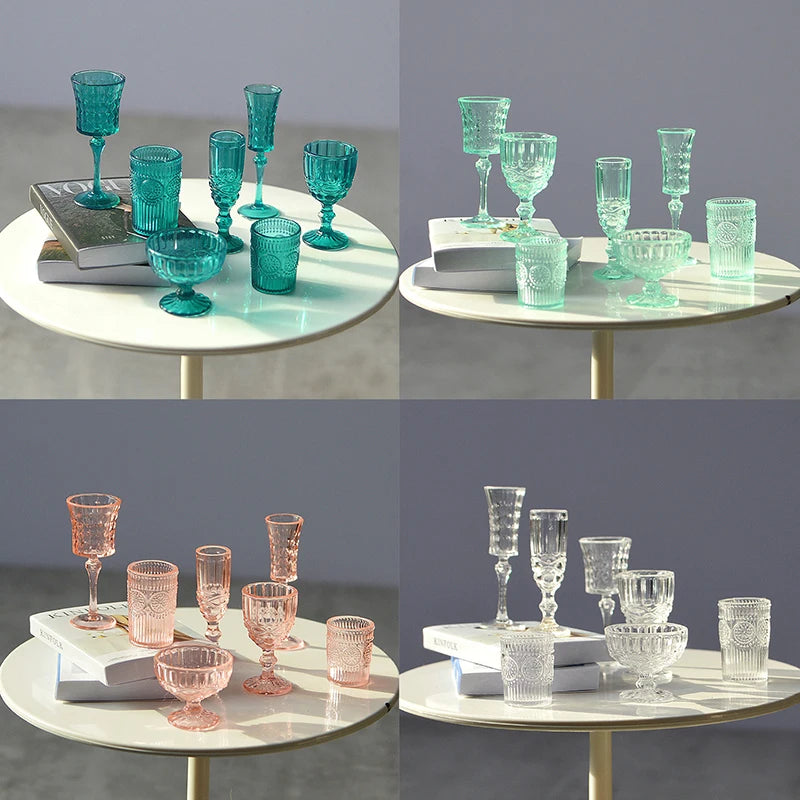 7Pcs/Set 1:6 Miniature Water Cup Carved Wine Glass Champagne Glass Model Kitchen Furniture DollHouse Accessories Pretend Toys