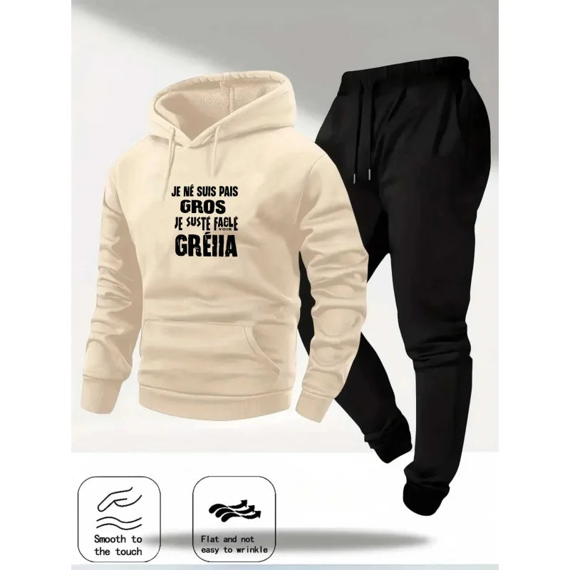 Hoodie Set Cream Color Inutile de Répéter Printed French Quote Sweatshirt & Black Joggers Casual Sportswear for Men Women