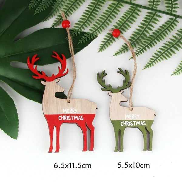 2PCS Vintage Printed Wooden Deer/Tree/Car Christmas Pendants Ornaments DIY Wood Crafts Kids Gift Christmas Tree Ornaments Decor