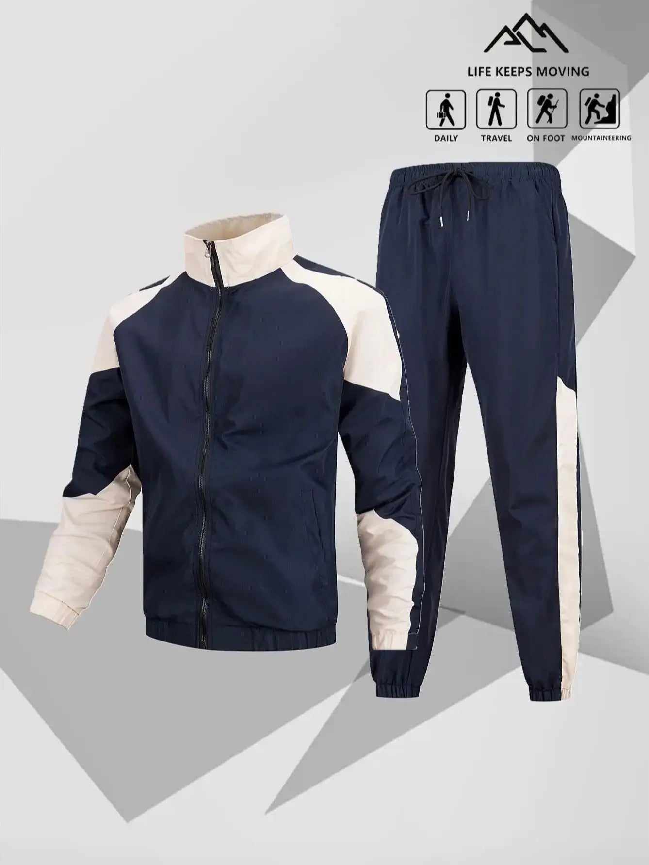 Men's Color-Block Two-Piece Set for Spring & Autumn Jacket with Cuffed Pants Ideal for Sporty Casual & Stylish Campus Outfits