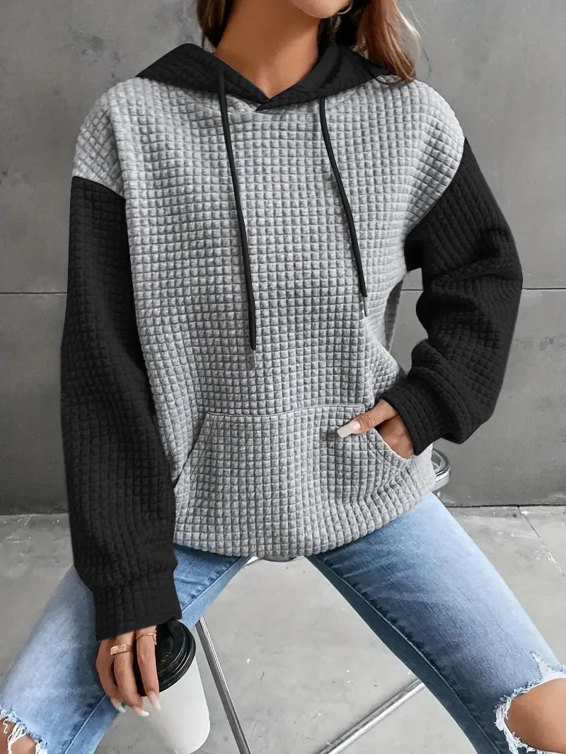 New Felpa Donna Loose And Versatile Color-blocked Plaid Sports Long-sleeved Hooded Sweatshirt Felpe Con Cappuccio Roupa Feminina