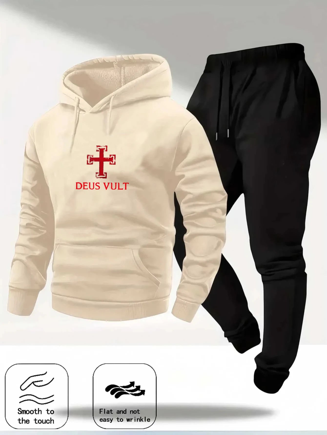 Hoodie Set Cream Color Inutile de Répéter Printed French Quote Sweatshirt & Black Joggers Casual Sportswear for Men Women