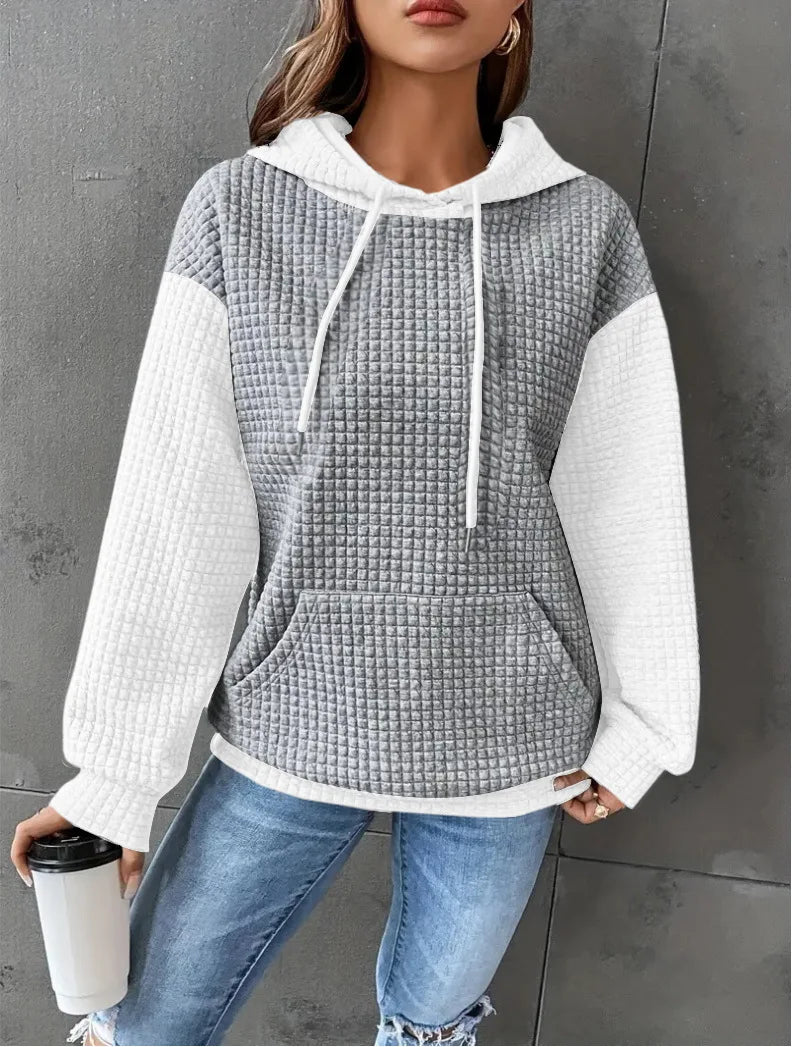 New Felpa Donna Loose And Versatile Color-blocked Plaid Sports Long-sleeved Hooded Sweatshirt Felpe Con Cappuccio Roupa Feminina