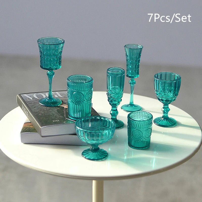 7Pcs/Set 1:6 Miniature Water Cup Carved Wine Glass Champagne Glass Model Kitchen Furniture DollHouse Accessories Pretend Toys