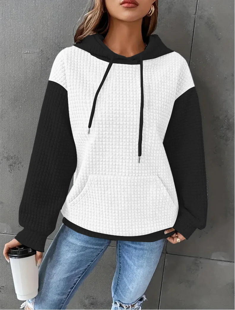 New Felpa Donna Loose And Versatile Color-blocked Plaid Sports Long-sleeved Hooded Sweatshirt Felpe Con Cappuccio Roupa Feminina