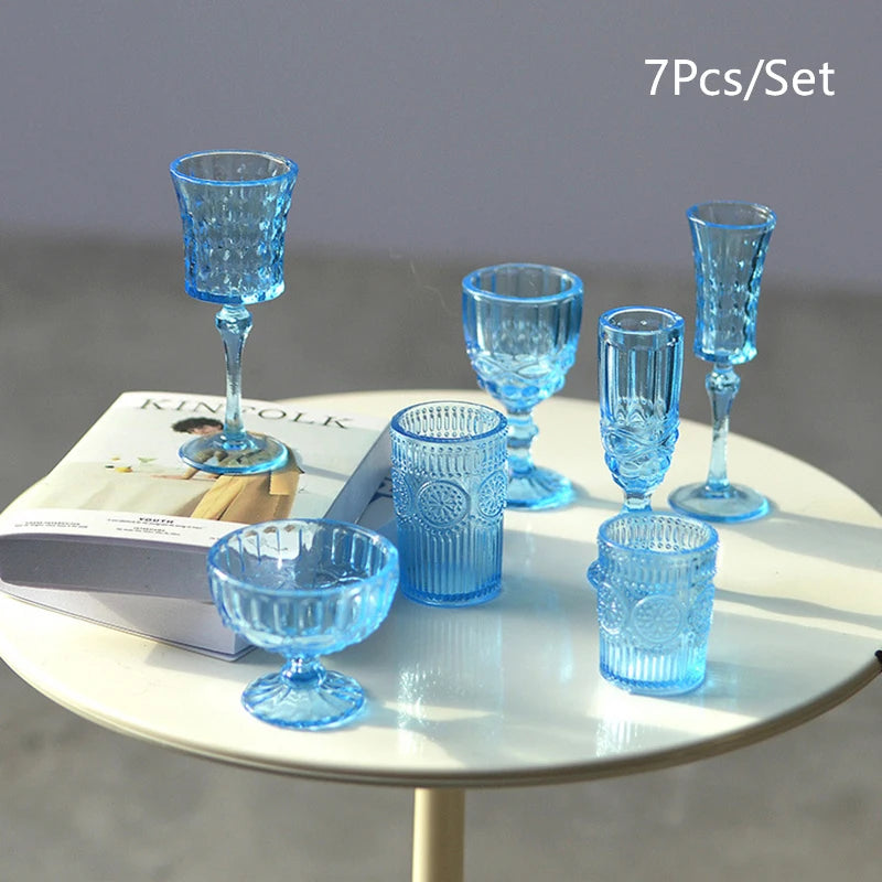 7Pcs/Set 1:6 Miniature Water Cup Carved Wine Glass Champagne Glass Model Kitchen Furniture DollHouse Accessories Pretend Toys