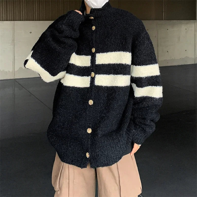 Autumn Winter New Turtleneck Sweater for Men Color Block Cardigans Korean Loose Fit Trendy Simple Versatile Pullover Knitted Top