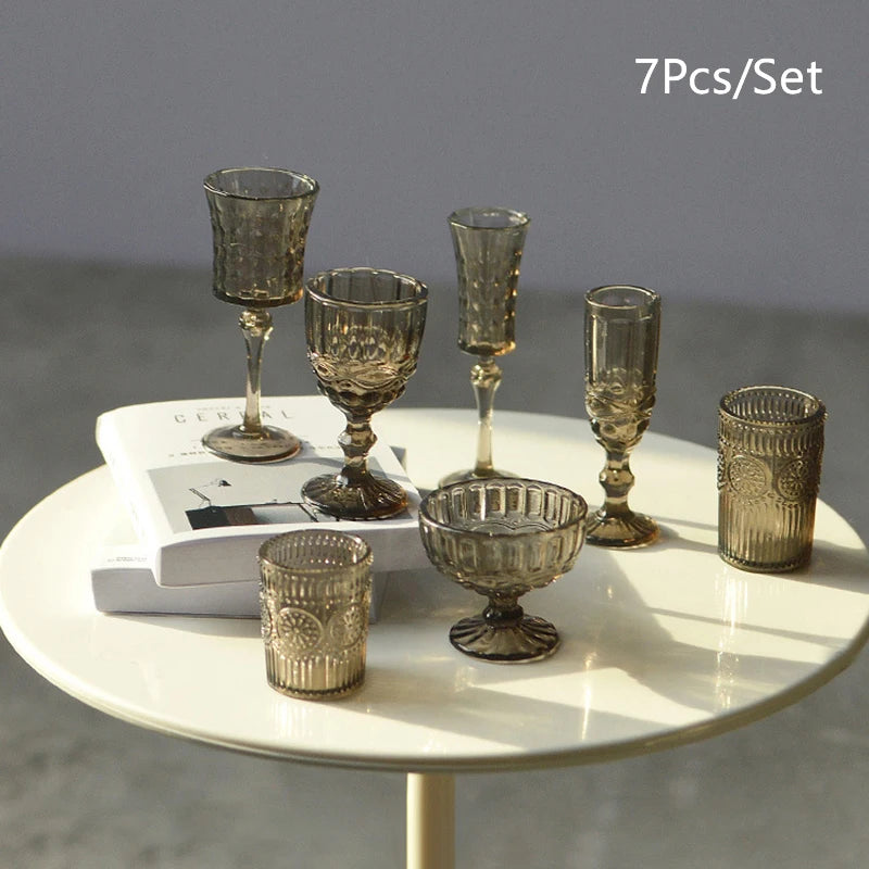 7Pcs/Set 1:6 Miniature Water Cup Carved Wine Glass Champagne Glass Model Kitchen Furniture DollHouse Accessories Pretend Toys