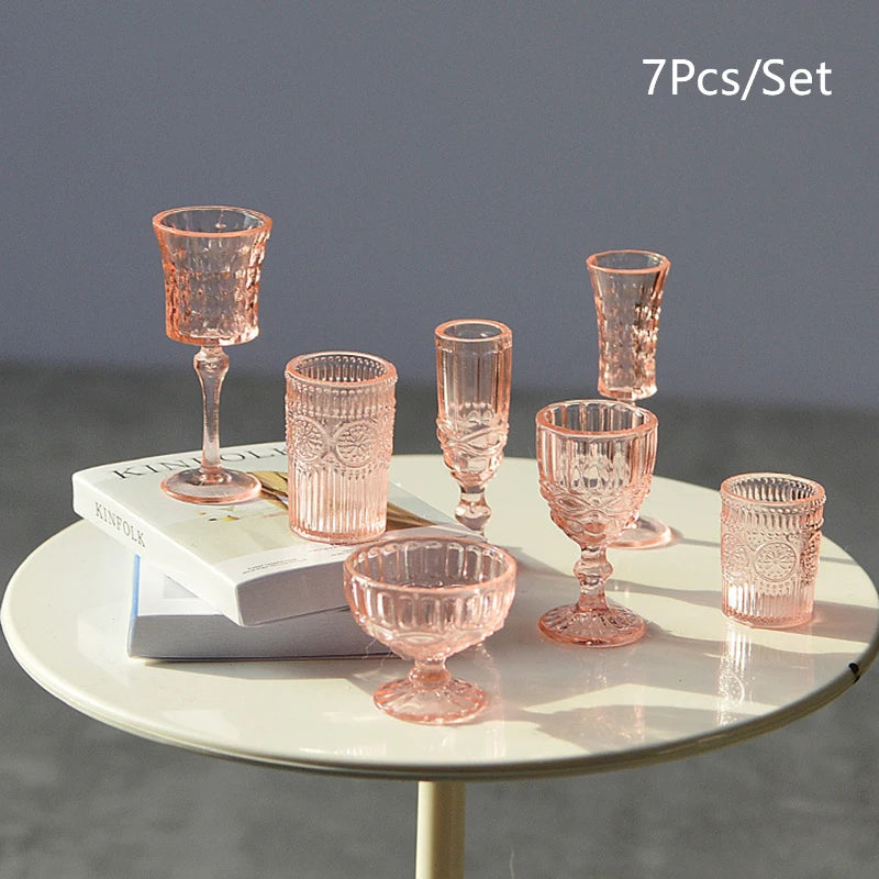 7Pcs/Set 1:6 Miniature Water Cup Carved Wine Glass Champagne Glass Model Kitchen Furniture DollHouse Accessories Pretend Toys