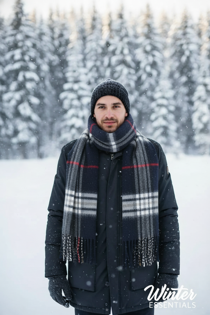 Blue Plaid Scarf Ultra Plush Pashmina Wool Blend 6ft Long Unisex Navy